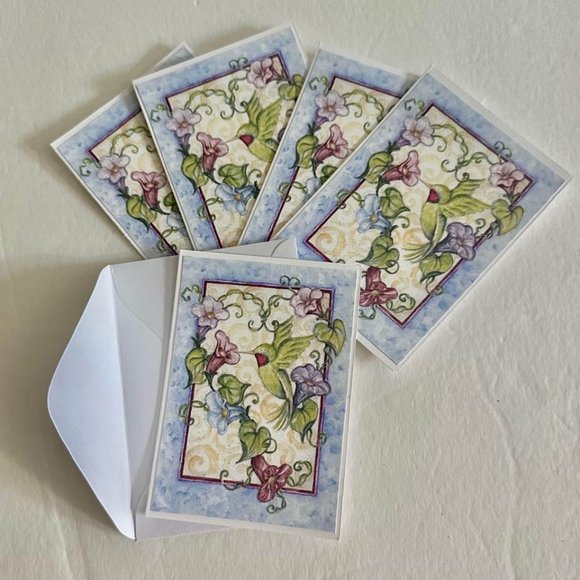 Set of 5 FLORAL HUMMINGBIRD handmade folded blank gift, greeting, journaling, no - Picture 4 of 4